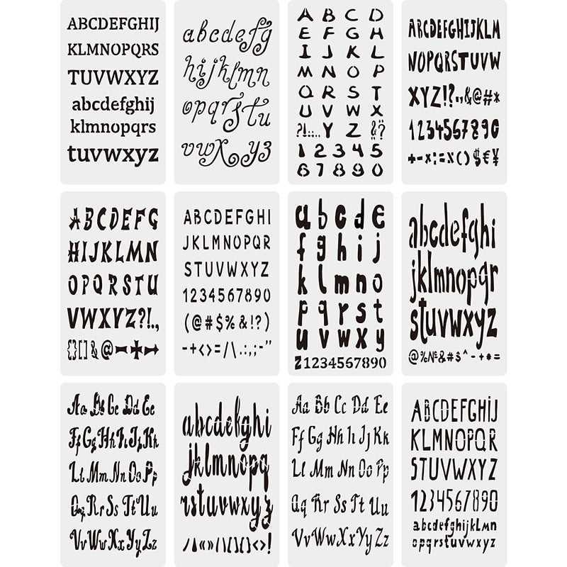 Dequera 12 Pack Letter Stencils 4 x 7 Inch Alphabet Stencils Number Stencils Journal Stencils for Painting on Wood Reusable Plastic Stencils Drawing Stencil Template for Planner Scrapbook DIY Craft