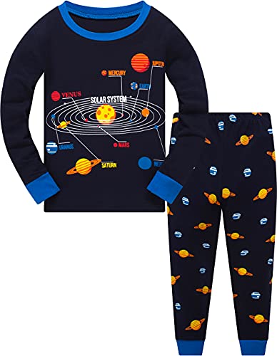 Popshion Little Boys Space Pajamas Sets for Toddler 100% Cotton Dinosaur Train Rocket Glow in Dark Sleepwear Long Sleeve 2 Piece kids Clothes Pjs 3-7T starry1-6256-6T - Image 1