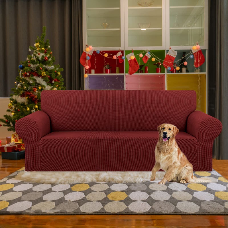 KEKUOU Stretch Sofa Cover Slipcover ï¼ŒCouch Covers for 3 Cushion Couch Sofa pet Friendly (78"-94") Furniture Protector Sofa with Elastic Bottom for Kids,Dog, Jacquard Small Checked(Large,Dark Red) - Image 2