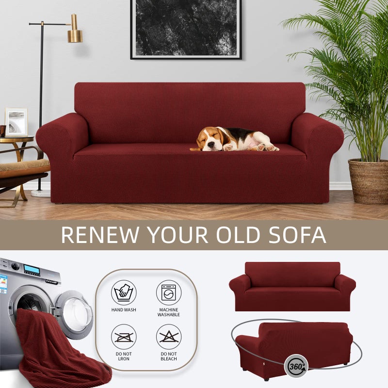 KEKUOU Stretch Sofa Cover Slipcover ï¼ŒCouch Covers for 3 Cushion Couch Sofa pet Friendly (78"-94") Furniture Protector Sofa with Elastic Bottom for Kids,Dog, Jacquard Small Checked(Large,Dark Red) - Image 3