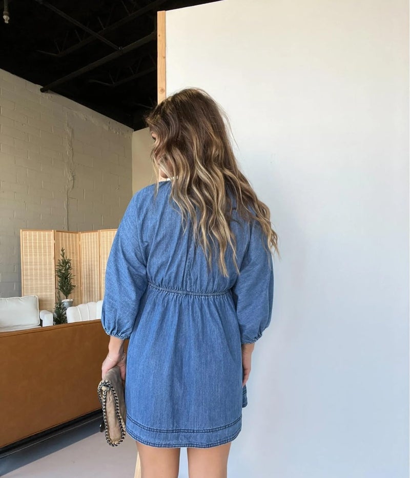 yoeasy Women's V Neck Denim Dress Casual Puff Sleeve Swing Ruffle Flowy A Line Mini Jean Babydoll Dress (Large, Blue) - Image 5