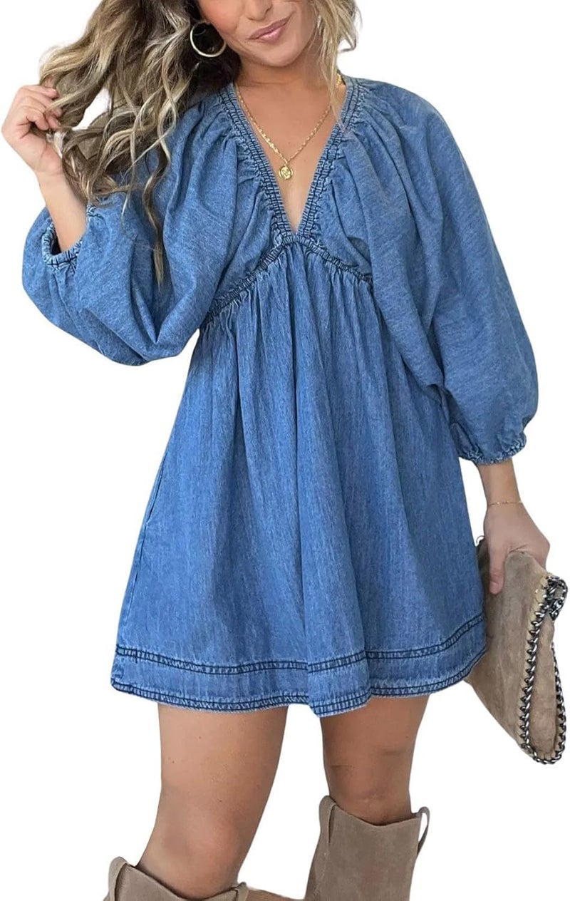 yoeasy Women's V Neck Denim Dress Casual Puff Sleeve Swing Ruffle Flowy A Line Mini Jean Babydoll Dress (Large, Blue) - Image 1