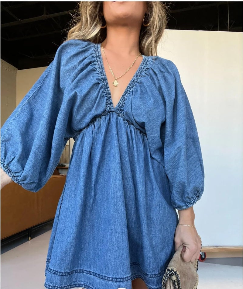 yoeasy Women's V Neck Denim Dress Casual Puff Sleeve Swing Ruffle Flowy A Line Mini Jean Babydoll Dress (Large, Blue) - Image 2