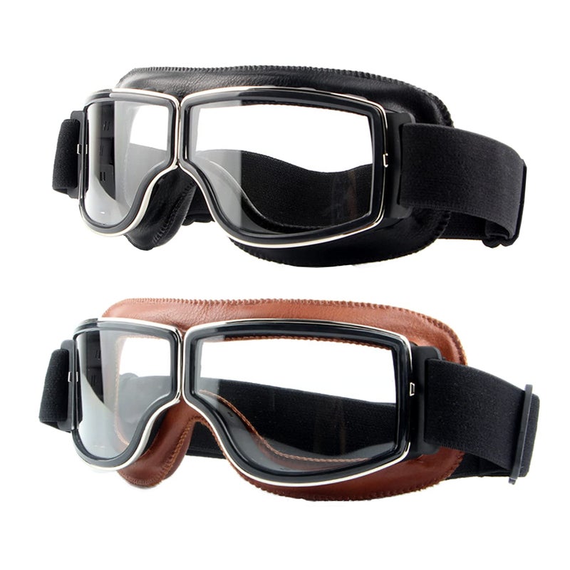 LJDJ Motorcycle Goggles2 Pack Vintage Anti Fog Pilot PU Leather Glasses Dustproof ATV Off Road Motorbike Helmet Eyewear Protect for Ridding Motorcross Classes Aviator Goggles for Men Women Adult
