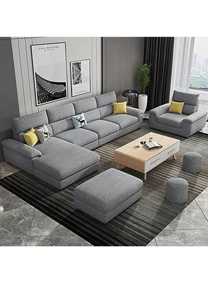 Al Zakharef Furniture Noor Overstuffed L-Shape Corner Sofa Set with Ottoman, Solid Wood Frame, Linen Fabric Upholstered Modular Sofa Set for Living Room, Modern Multifunction Sectional Sofa, Grey – 5 to 7 Seater - Image 1