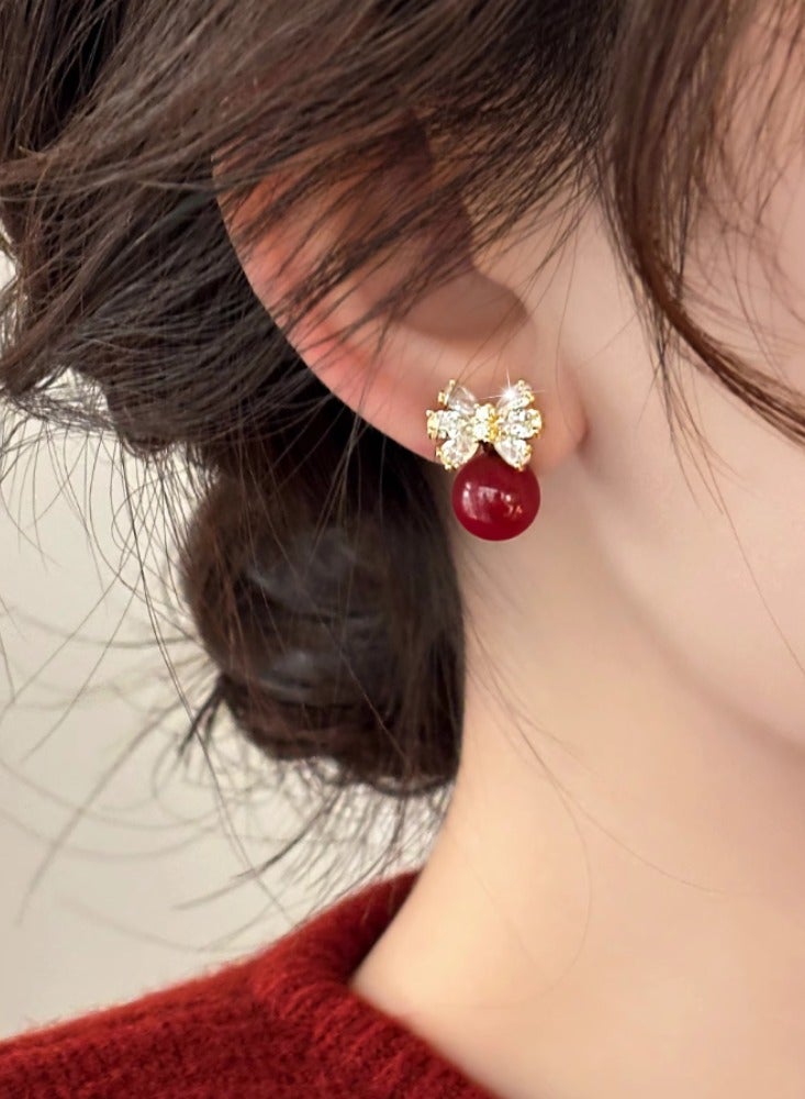 Butterfly Knot Red Zircon Earrings, Niche Temperament, Pearl Earrings  - Image 1