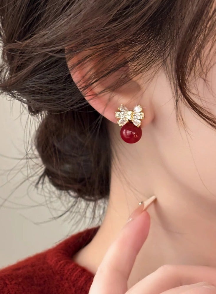 Butterfly Knot Red Zircon Earrings, Niche Temperament, Pearl Earrings  - Image 3