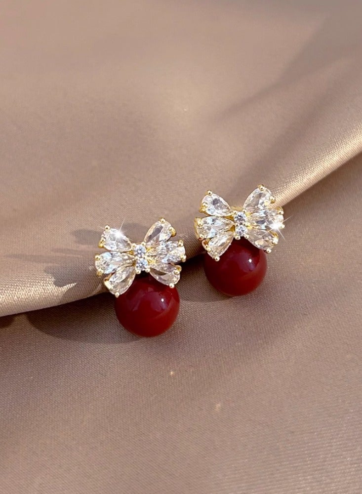 Butterfly Knot Red Zircon Earrings, Niche Temperament, Pearl Earrings  - Image 2
