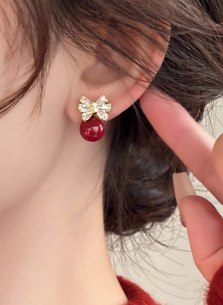 Butterfly Knot Red Zircon Earrings, Niche Temperament, Pearl Earrings  - Image 4