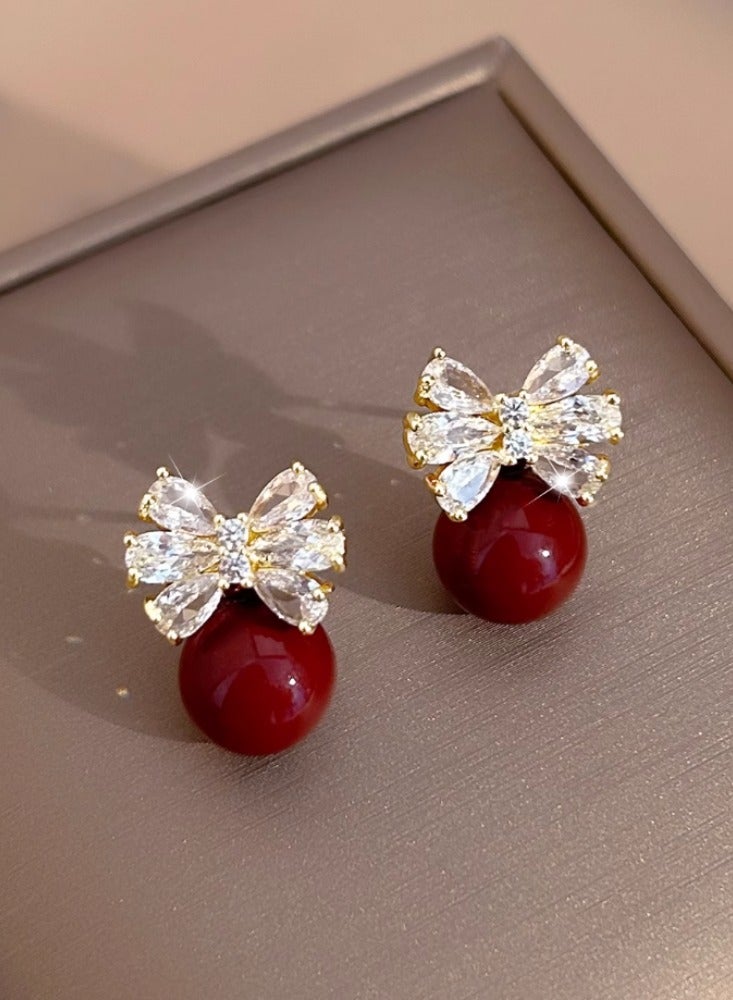 Butterfly Knot Red Zircon Earrings, Niche Temperament, Pearl Earrings  - Image 5