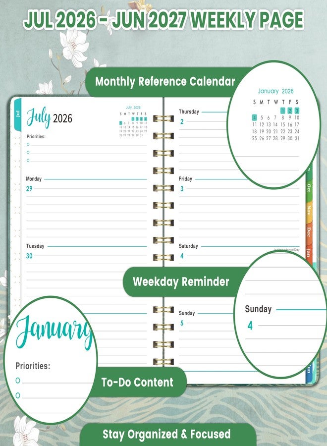 Shoparr Planner 2026-2027 - JUL 2026 - JUN 2027, Academic Planner 2026-2027, Weekly and Monthly, Calendar 26-27 with Premium Paper, Twin-wire Binding - Hardcover (6.4" x 8.5", Green, Back Pocket) - Image 4