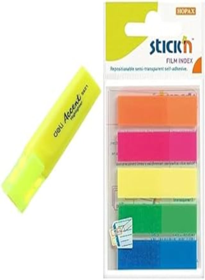 Deli es621 chisel highlighter - yellow + Stick n value 12 mm film index tab - neon multi-colour