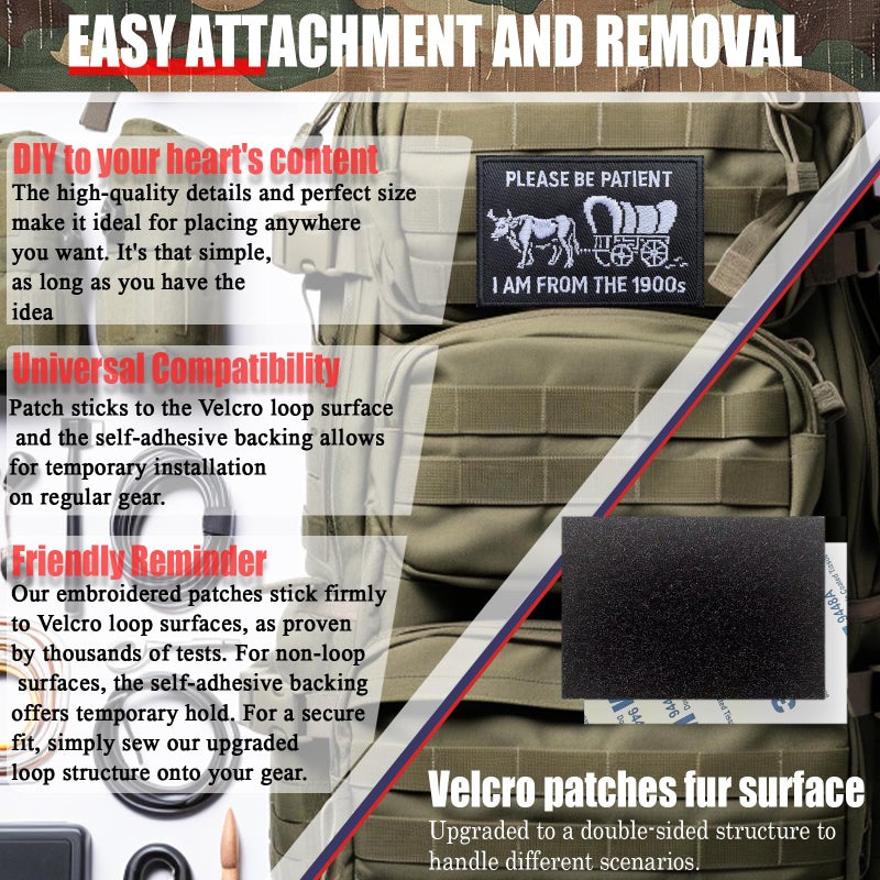 FengechoCstm Funny Embroidered Morale Patch â€“ Please Be Patient Iâ€™m from The 1900s â€“ 2 * 3" Hook & Loop Patch for Backpack, Dog Vest, Jacket, Hats â€“ Retro Humor for Millennials & Gen X - Image 5