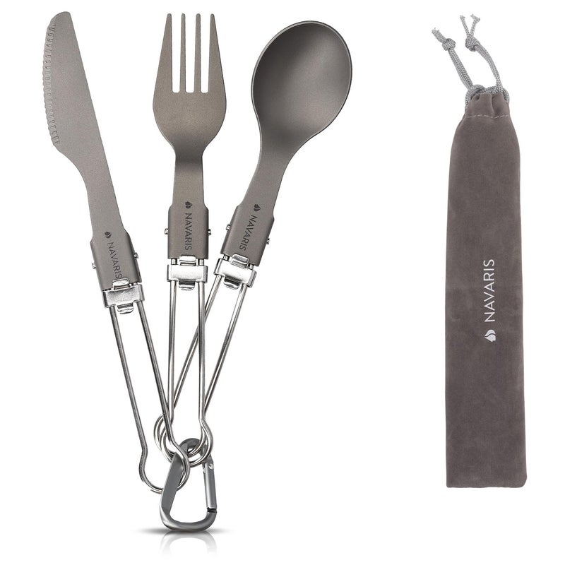Navaris Titanium Folding Utensil Set - Fork Knife Spoon Foldable Metal Silverware Utensils for Camping, Backpacking, Hiking - with Carabiner and Bag - Image 1