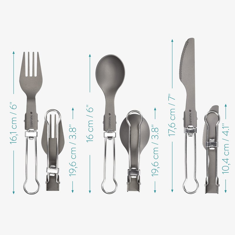 Navaris Titanium Folding Utensil Set - Fork Knife Spoon Foldable Metal Silverware Utensils for Camping, Backpacking, Hiking - with Carabiner and Bag - Image 4