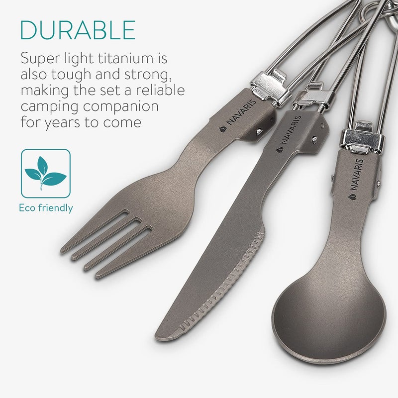 Navaris Titanium Folding Utensil Set - Fork Knife Spoon Foldable Metal Silverware Utensils for Camping, Backpacking, Hiking - with Carabiner and Bag - Image 5