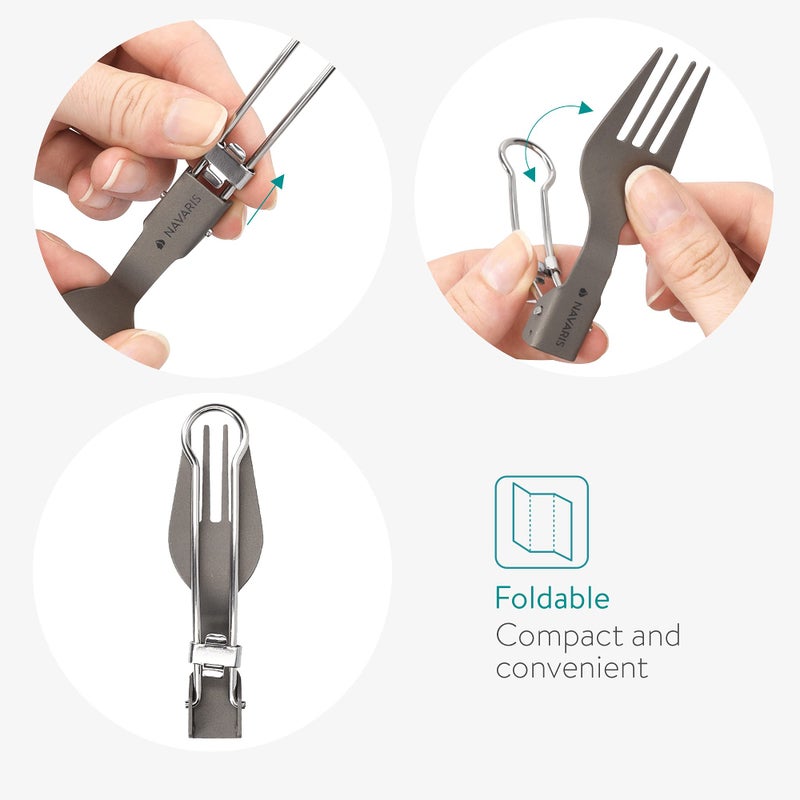 Navaris Titanium Folding Utensil Set - Fork Knife Spoon Foldable Metal Silverware Utensils for Camping, Backpacking, Hiking - with Carabiner and Bag - Image 3