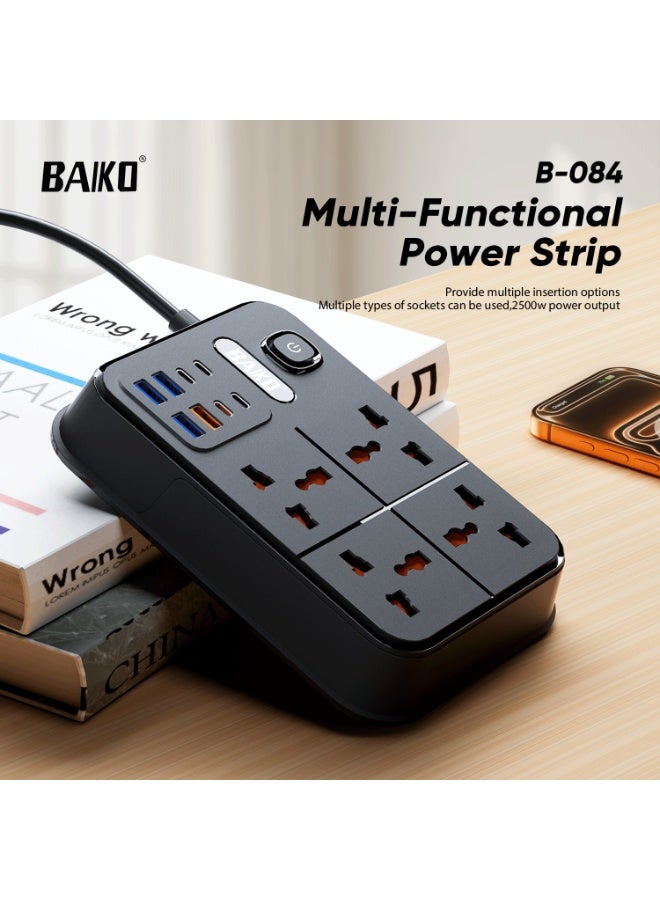 BAIKO B-084 2 Meters Power Strip 2500W High Power Extension Socket with 4 USB & 4 Type-C Ports Electric Socket Mains Power Strip for Home Kitchen and Office - Image 1