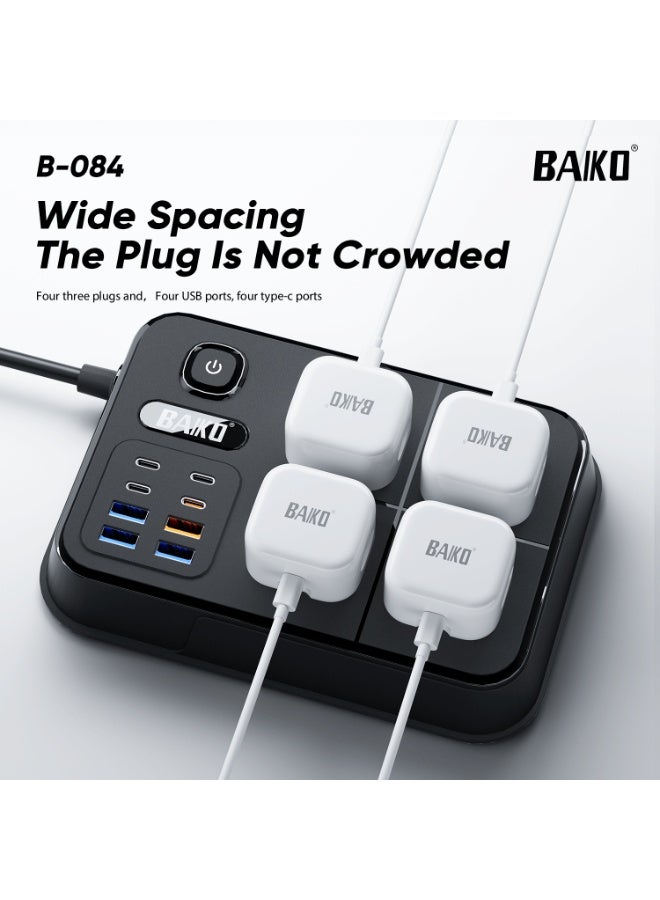 BAIKO B-084 2 Meters Power Strip 2500W High Power Extension Socket with 4 USB & 4 Type-C Ports Electric Socket Mains Power Strip for Home Kitchen and Office - Image 3