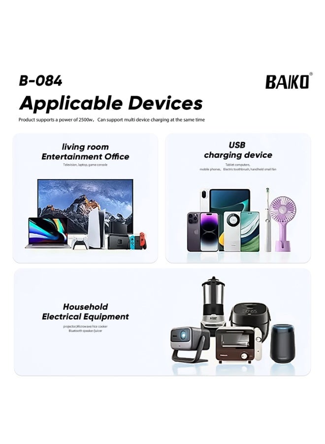 BAIKO B-084 2 Meters Power Strip 2500W High Power Extension Socket with 4 USB & 4 Type-C Ports Electric Socket Mains Power Strip for Home Kitchen and Office - Image 3