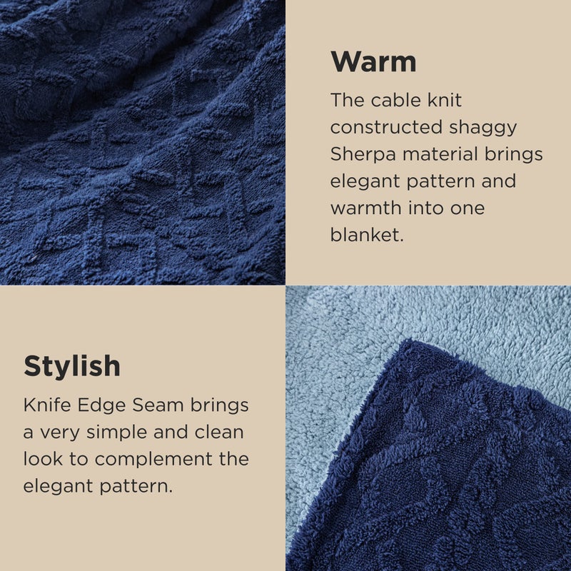 Bedsure Gentlesoft Sherpa Fleece Blanket Twin Size for Bed - Fluffy & Cozy Cable Jacquard Tufted for Women Gift, Thick and Warm Christmas Blanket for Winter, Navy, 60x80 Inches - Image 4