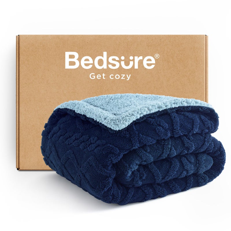 Bedsure Gentlesoft Sherpa Fleece Blanket Twin Size for Bed - Fluffy & Cozy Cable Jacquard Tufted for Women Gift, Thick and Warm Christmas Blanket for Winter, Navy, 60x80 Inches - Image 1