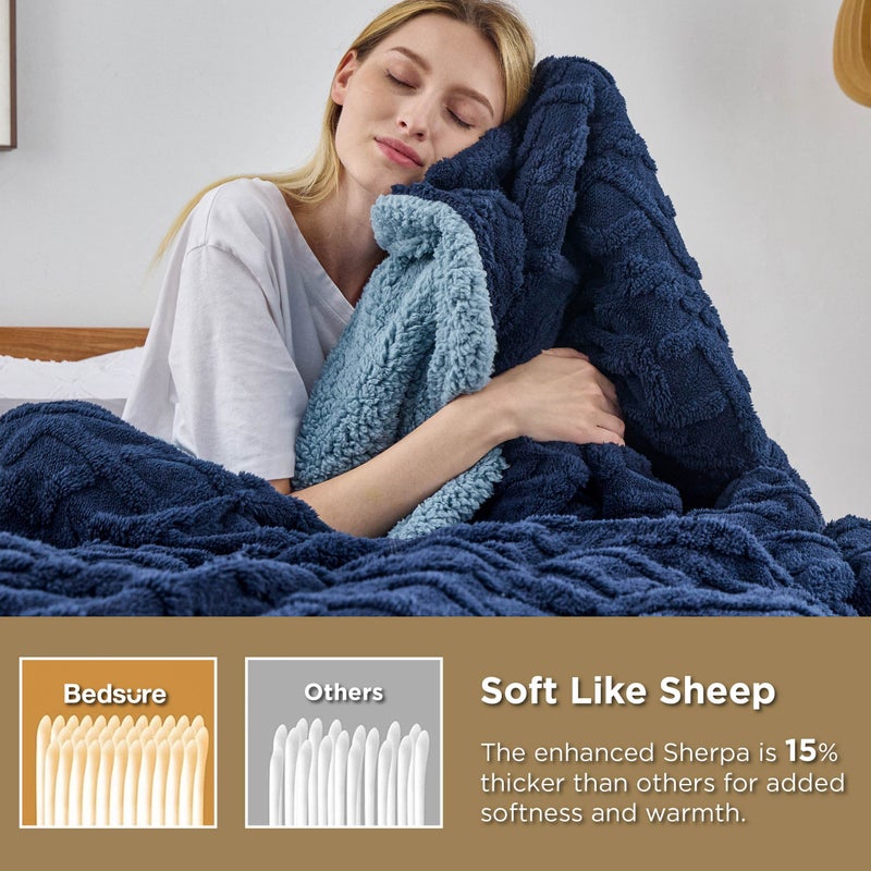 Bedsure Gentlesoft Sherpa Fleece Blanket Twin Size for Bed - Fluffy & Cozy Cable Jacquard Tufted for Women Gift, Thick and Warm Christmas Blanket for Winter, Navy, 60x80 Inches - Image 3