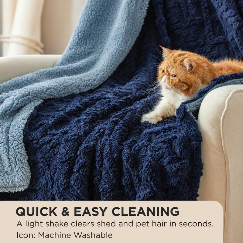 Bedsure Gentlesoft Sherpa Fleece Blanket Twin Size for Bed - Fluffy & Cozy Cable Jacquard Tufted for Women Gift, Thick and Warm Christmas Blanket for Winter, Navy, 60x80 Inches - Image 2