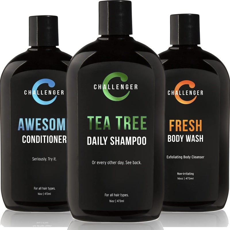 Challenger Challenger Mens Tea Tree Shampoo Conditioner  Fresh Body Wash Trio 3X 16 Oz Bottles  Sulfate Free wVitamins Argan Oil Biotin  Keratin Vitamin C Vitamin D Protein No Artificial Colors
