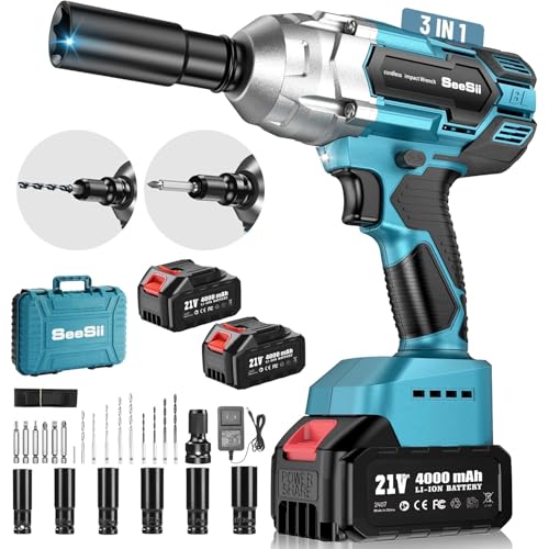 Seesii Cordless Impact Wrench 1/2 inch, High Torque 479 Ft-lbs(650Nm) Brushless Impact Gun,2500RPM w/2x4.0 Battery, 6 Sockets,8 Drill Bits, High Torque Power Impact Driver for Car Home,WH700 - Image 1