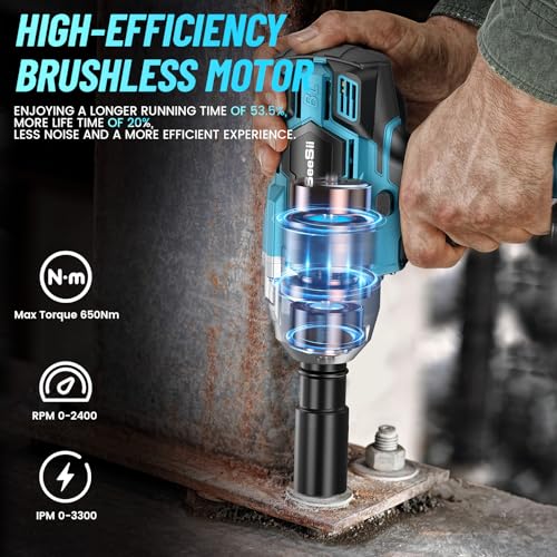 Seesii Cordless Impact Wrench 1/2 inch, High Torque 479 Ft-lbs(650Nm) Brushless Impact Gun,2500RPM w/2x4.0 Battery, 6 Sockets,8 Drill Bits, High Torque Power Impact Driver for Car Home,WH700 - Image 5