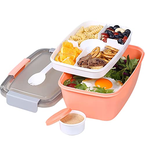Greentainer to Go Salad Lunch Container with 68 OZ Salad Bowl Large Bento Lunch Box with Lid 5Compartment Trays  Dressing Container Stackable LeakProof BPAFreeMicrowave  Dishwasher Safe
