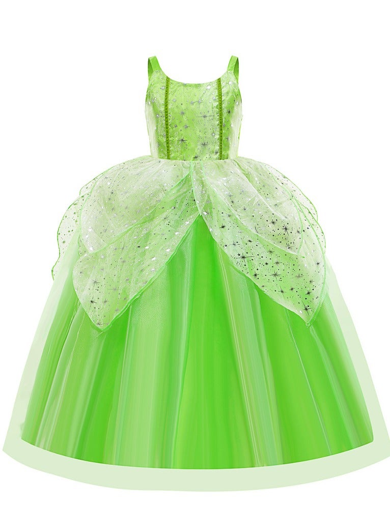 Green Fairy Princess Dresses for Girls Tinkerbell Costume Cosplay Set Flower Fairy Spirit Princess Fluffy Skirt Birthday Party Dress Up Clothes Halloween Gifts for Girls(Excluding wings)