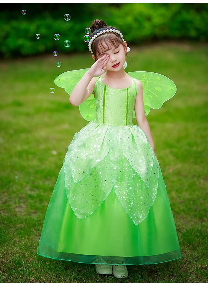 Green Fairy Princess Dresses for Girls Tinkerbell Costume Cosplay Set Flower Fairy Spirit Princess Fluffy Skirt Birthday Party Dress Up Clothes Halloween Gifts for Girls(Excluding wings)