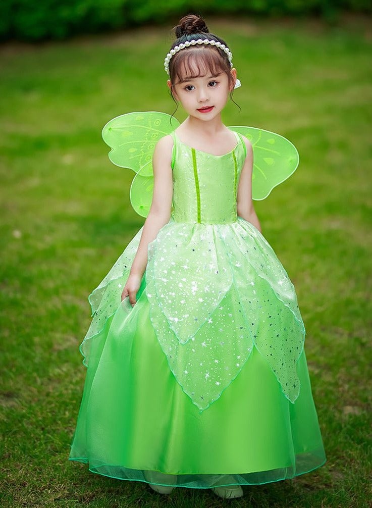 Green Fairy Princess Dresses for Girls Tinkerbell Costume Cosplay Set Flower Fairy Spirit Princess Fluffy Skirt Birthday Party Dress Up Clothes Halloween Gifts for Girls(Excluding wings)