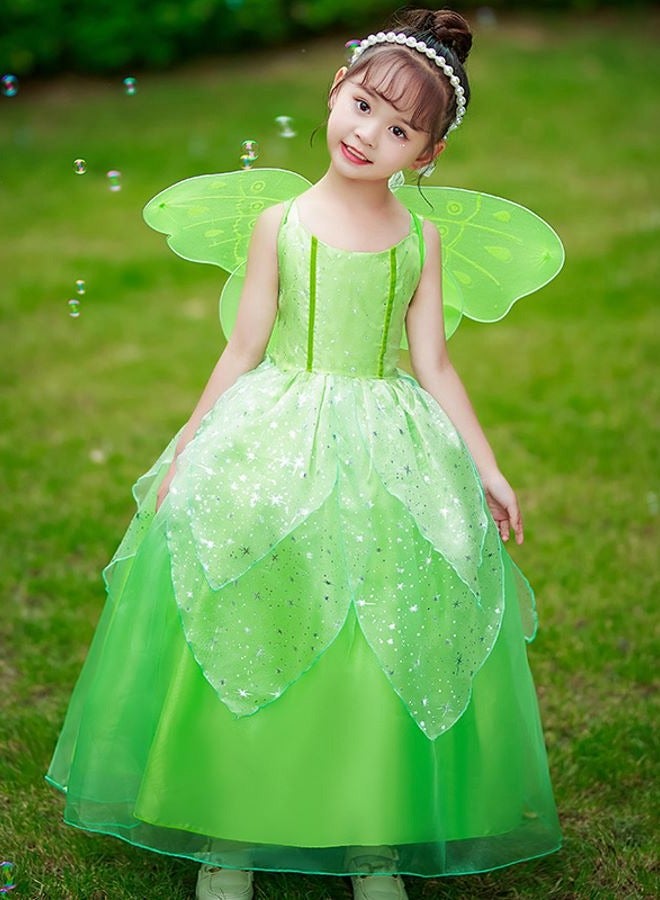 Green Fairy Princess Dresses for Girls Tinkerbell Costume Cosplay Set Flower Fairy Spirit Princess Fluffy Skirt Birthday Party Dress Up Clothes Halloween Gifts for Girls(Excluding wings)
