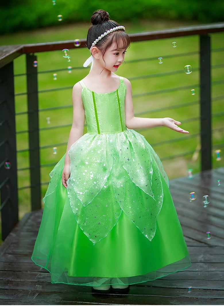 Green Fairy Princess Dresses for Girls Tinkerbell Costume Cosplay Set Flower Fairy Spirit Princess Fluffy Skirt Birthday Party Dress Up Clothes Halloween Gifts for Girls(Excluding wings)