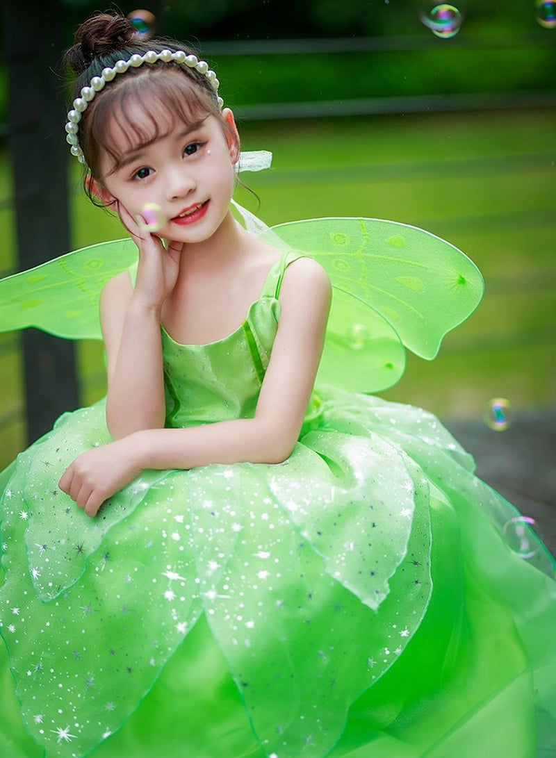 Green Fairy Princess Dresses for Girls Tinkerbell Costume Cosplay Set Flower Fairy Spirit Princess Fluffy Skirt Birthday Party Dress Up Clothes Halloween Gifts for Girls(Excluding wings)