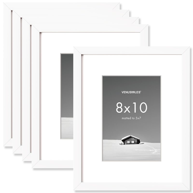 Venusmiles 8x10 inch Picture Frame  8x10 Photo Frames with 5x7 Removable Mat - High Definition Plexiglass - Vertical and Horizontal Display - Wall Hanging Frame - White  5 Pack - Image 1