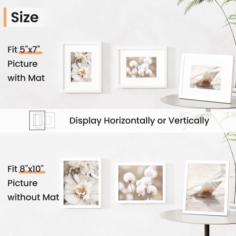 Venusmiles 8x10 inch Picture Frame  8x10 Photo Frames with 5x7 Removable Mat - High Definition Plexiglass - Vertical and Horizontal Display - Wall Hanging Frame - White  5 Pack - Image 3