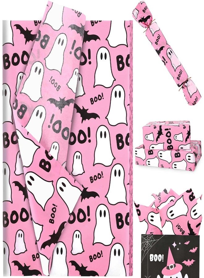 Bolsome 100 Sheets 20 * 14 Inches Pink Ghost and Boo Tissue Paper Halloween Bat Ghost Printed Tissue Paper for Birthday Party Baby Shower Halloween Party DIY Craft - Image 1