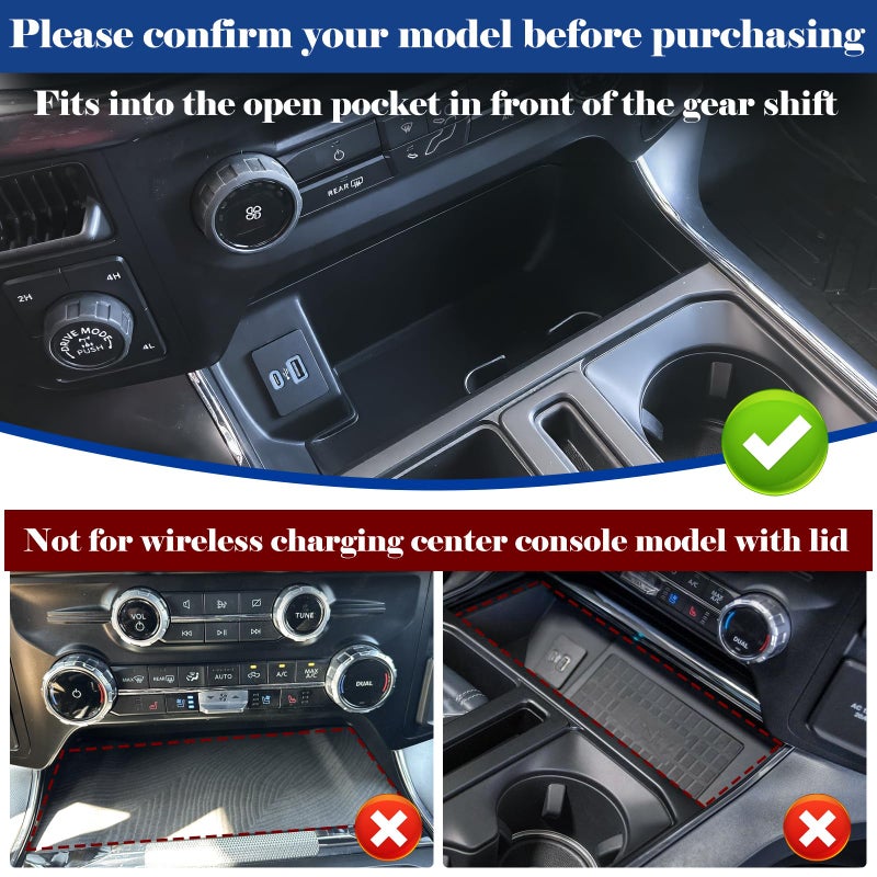 Sinvanho Center Console Organizer Cover for Ford F150 Accessories 2021-2024 2025 & Lightning XLT 2022 2023 2024 Middle Console Secret Pocket Lid Interior Hidden Storage Compartment Tray with USB Holes, 2PCS - Image 2