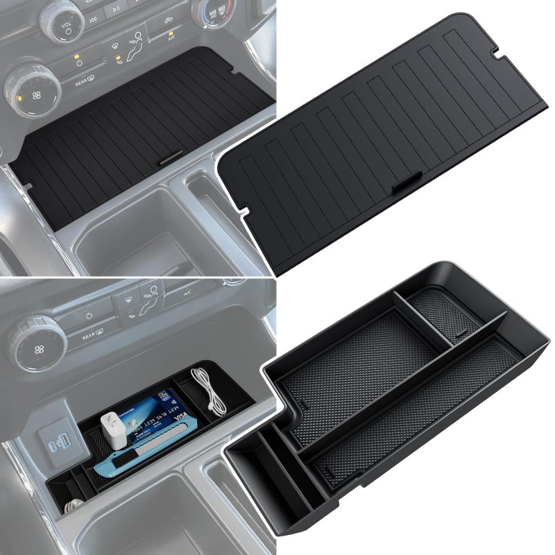 Sinvanho Center Console Organizer Cover for Ford F150 Accessories 2021-2024 2025 & Lightning XLT 2022 2023 2024 Middle Console Secret Pocket Lid Interior Hidden Storage Compartment Tray with USB Holes, 2PCS - Image 1