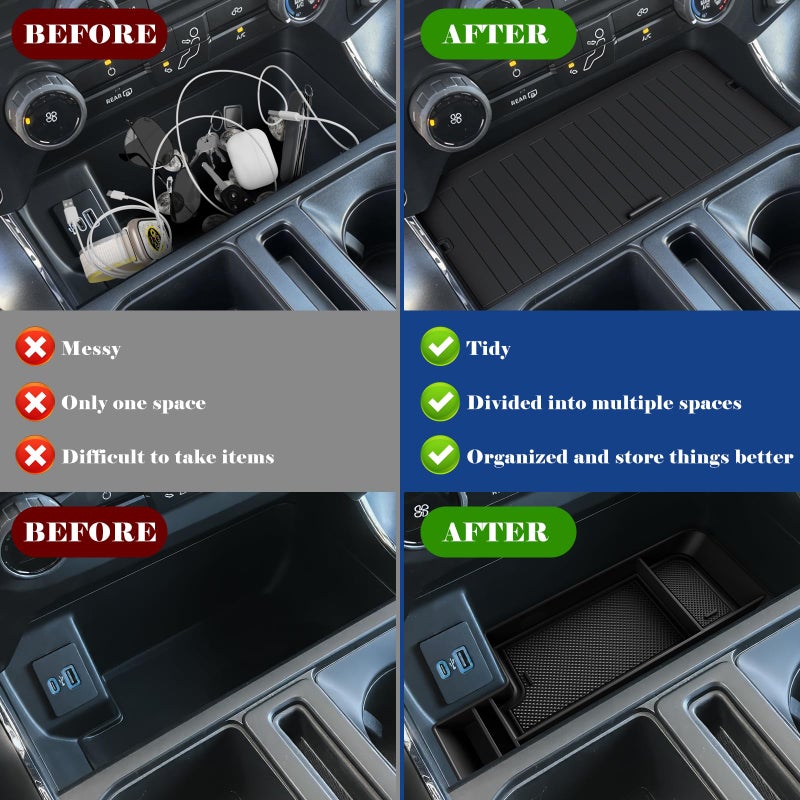 Sinvanho Center Console Organizer Cover for Ford F150 Accessories 2021-2024 2025 & Lightning XLT 2022 2023 2024 Middle Console Secret Pocket Lid Interior Hidden Storage Compartment Tray with USB Holes, 2PCS - Image 5