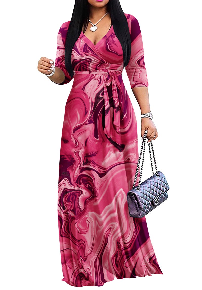 FANDEE Women's Maxi Dress V-Neck 3/4 Sleeve Casual Empire Waist Tie Belt Dress for Curvy Women - Image 1