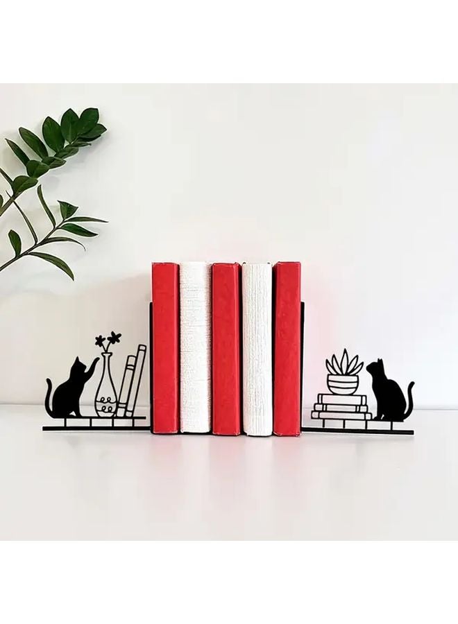 القط المرح والنباتات: مساند كتب معدنية وأنيقة ومنظمة رفوف بسيطة - Image 4