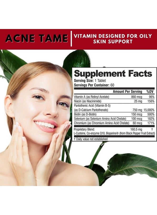 Acnetame - Acne Tame Acne Pills Supplement Clear Skin Vitamins Pill For Oily Skin Treatment Hormonal Blemishes Anti Spots & Cystic Acnes Supplements For Women Men Teens & Adults 60 Oral Tablets - Image 1