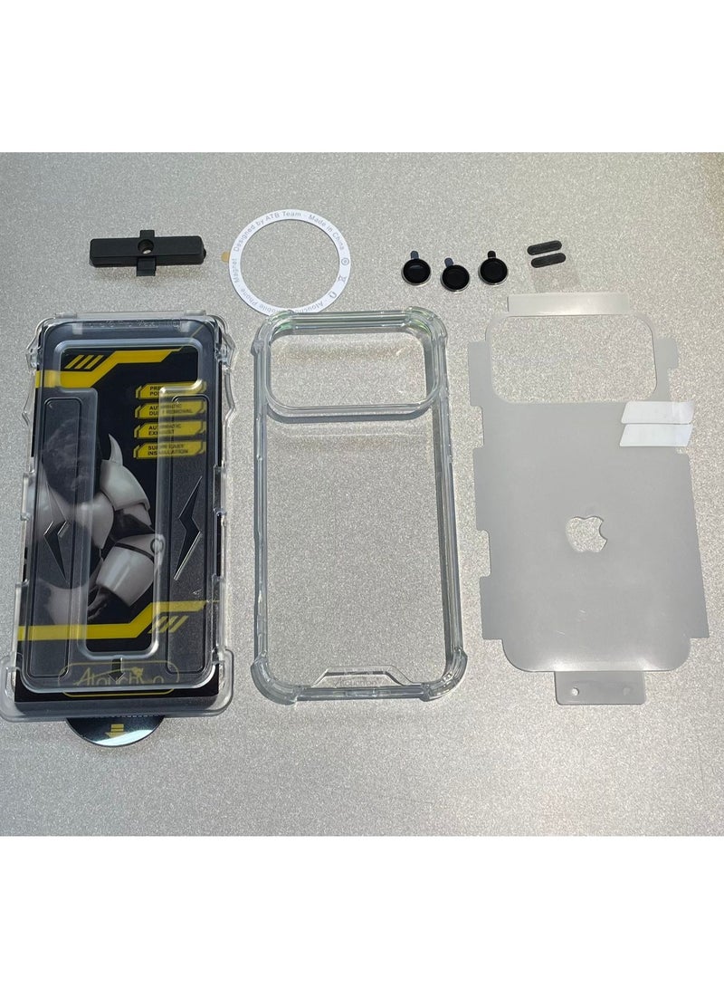 ATB 6-in-1 Full Protection Kit for iPhone 17 Pro Easy & precise installation with high-clear transparent glass screen protector A complete and easy-to-install protection solution. Includes: ultra-clear tempered glass screen protector, transparent plastic case, camera lens protectors, anti-dust mesh stickers for speaker openings, magnetic ring frame, and back protector - Image 2