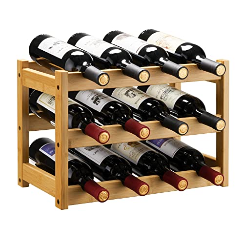VASMIA Bamboo Wine Rack, Sturdy and Durable Wine Storage Cabinet Shelf, Wine Racks Countertop for Pantry,Kitchen,3-Tier 12 Bottles Wine Rack Natural - Image 1