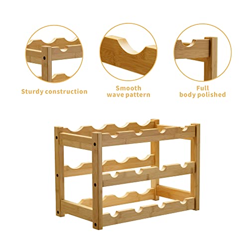 VASMIA Bamboo Wine Rack, Sturdy and Durable Wine Storage Cabinet Shelf, Wine Racks Countertop for Pantry,Kitchen,3-Tier 12 Bottles Wine Rack Natural - Image 4